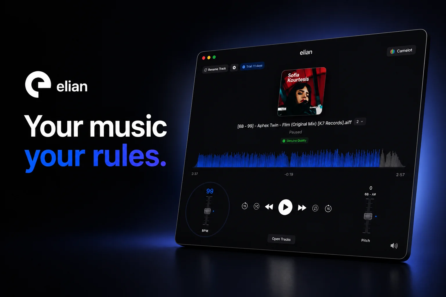 elian music player interface showing BPM and pitch controls on macOS